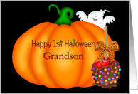 Happy 1st Halloween Grandson, pumpkin, candy card