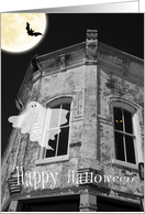 Spooky Halloween, old building with ghost and full moon card