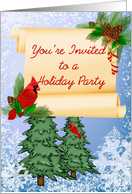 Holiday Party Invitation, cardinal, pine trees card