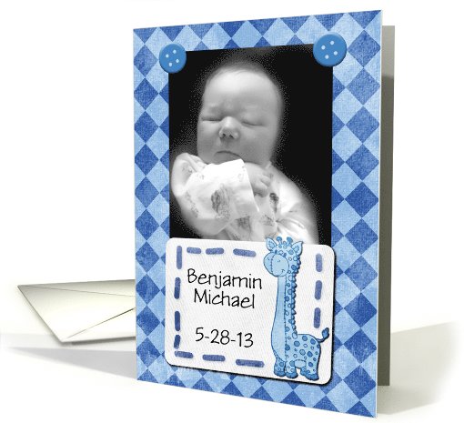 Baby Boy Announcement Photo Card and Customize Name Blue Giraffe card