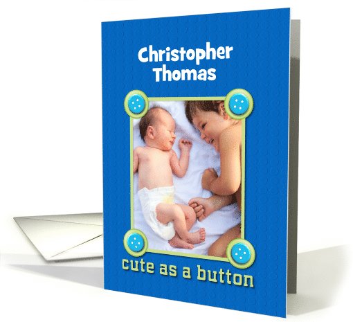 Baby Birth Announcement Custom Name Boy Blue Buttons Photo card