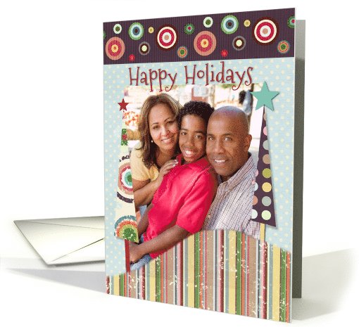 Happy Holidays Colorful Patterned Trees and Circles Custom Photo card
