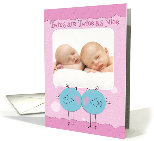 Twin Girls Birth Announcement Blue Birdies Custom Photo card (1217660)