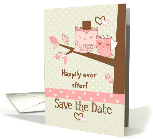 Save the Date Wedding Reminder Owl Couple in Tree with Polka Dots card