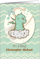 Baby Boy Announcement Custom Name Cute Green Baby Dragon card