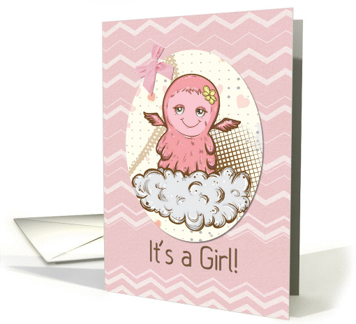 Baby Girl Announcement Cute Pink Baby Monster with Chevrons card