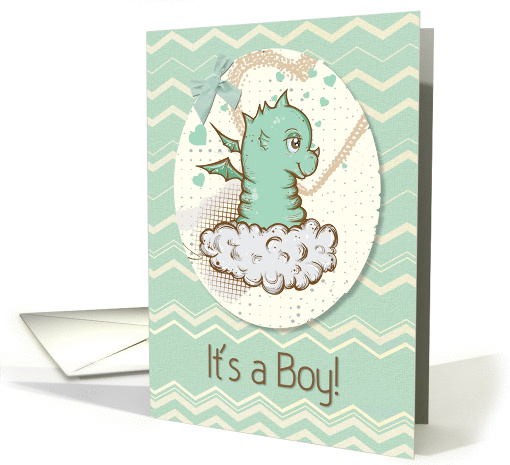 Baby Boy Announcement Cute Green Baby Dragon with Chevrons card