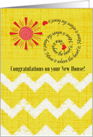 New Home Congratulations Bright Red Sun with Word Art Scrapbook Style card