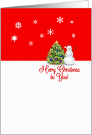 Merry Christmas to You Happy Snowman and Christmas Tree Snowflakes card