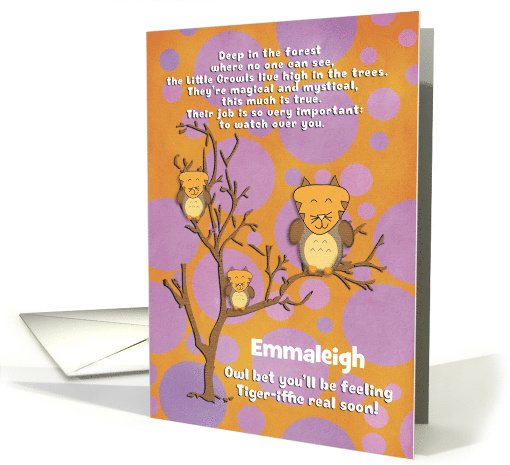 Get Well Soon Custom Name for Kids Fantasy Animal Tiger Owl card