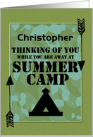 Thinking of You Away at Summer Camp Custom Name Camo Arrows and Tent card