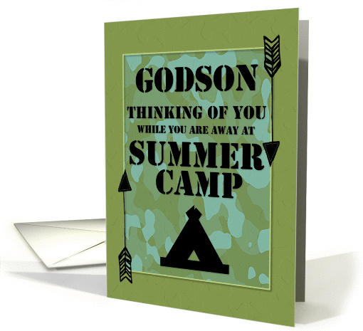 Thinking of You Godson Away at Summer Camp Camo Arrows and Tent card