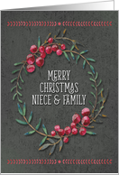 Merry Christmas Niece and Family Berry Wreath Chalkboard Style card