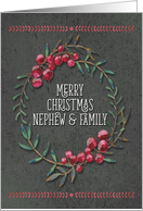 Merry Christmas To Nephew & Family Berry Wreath Chalkboard Style card