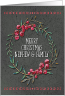 Merry Christmas to Nephew & Family Berry Wreath Chalkboard Style card