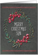 Merry Christmas to Son Berry Wreath Chalkboard Style Pretty Floral card