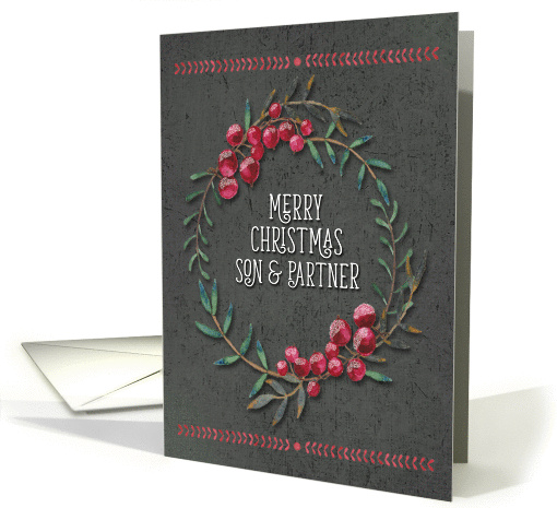 Merry Christmas to Son & Partner Berry Wreath Chalkboard Style card