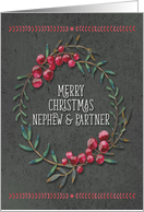 Merry Christmas to Nephew & Partner Berry Wreath Chalkboard Style card