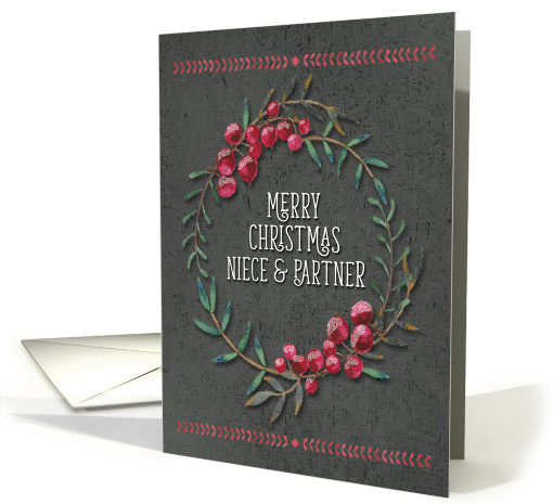 Merry Christmas to Niece & Partner Berry Wreath Chalkboard Style card