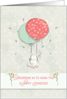 Happy Easter Bunny Floating with Big Balloons with Flowers card