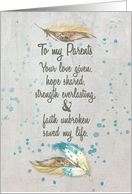 Thank You to Parents Helping Me Fight Cancer Love,Hope,Faith.Feathers card