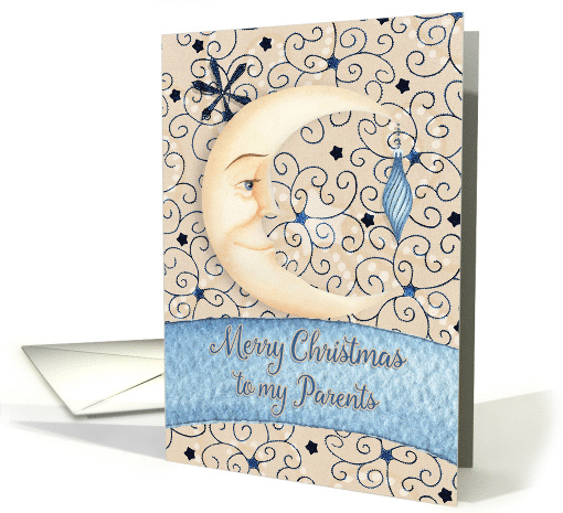 Merry Christmas to Parents Crescent Moon on Stars with Ornament card