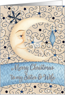 Merry Christmas to Sister and Wife Crescent Moon & Stars and Ornament card