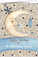 Happy Holidays Custom Name Crescent Moon, Stars, and Ornament card