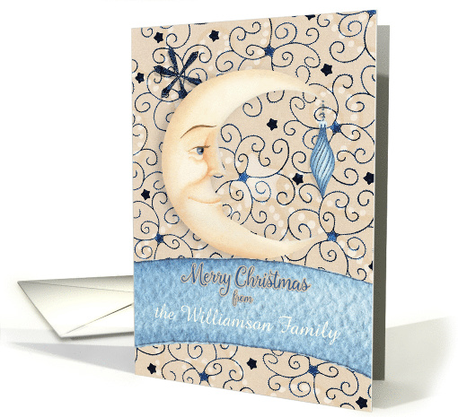 Merry Christmas Custom Name Crescent Moon, Stars, and Ornament card