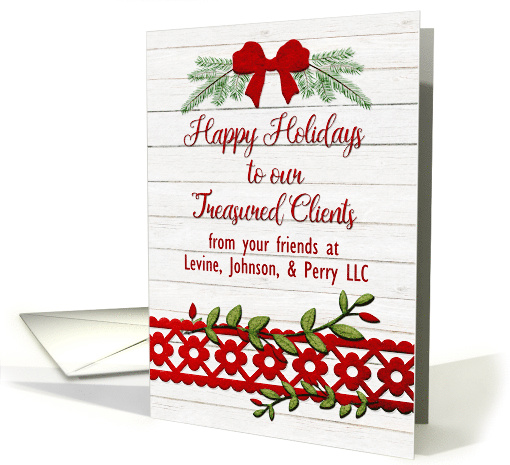 Happy Holidays to Treasured Clients Custom Name Business Rustic card