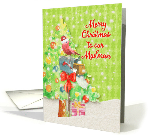 Merry Christmas to Mailman Mailbox with Ribbon, Tree, and Present card