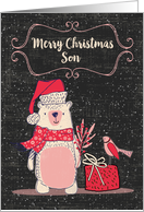 Merry Christmas to Son Bundled Up Bear and Bird with Snow card