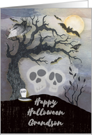 Happy Halloween to Grandson Creepy Woods with Skulls Trees Bats card
