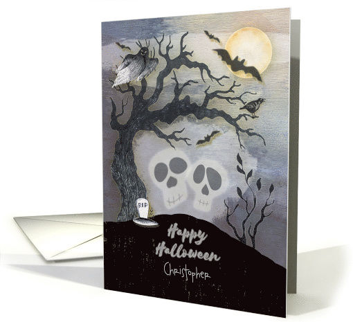 Happy Halloween Custom Name Creepy Woods with Skulls Trees Bats card