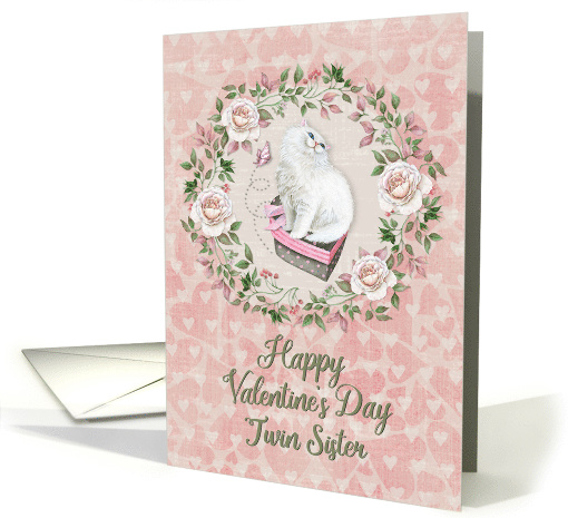 Happy Valentine's Day to Twin Sister Pretty Kitty Hearts Roses card