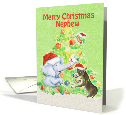 Merry Christmas to Nephew Cute Elephant,Donkey,Bird and Tree card