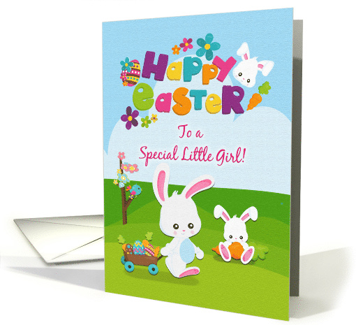Happy Easter to a Special Little Girl Cute Bunnies with Flowers card