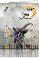 Happy Halloween Little Witch Creepy Scene Haunted House card