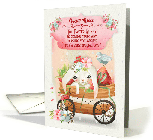Happy Easter to Great Niece Cute Bunny in a Wagon with Flowers card