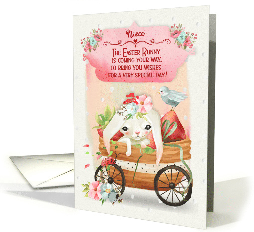 Happy Easter to Niece Cute Bunny in a Wagon with Flowers card