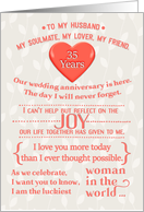 Happy 35th Anniversary to Husband Word Art in Coral card