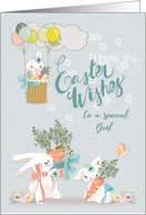 Happy Easter to a Special Girl Cute Bunnies with Flowers card