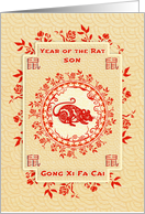 Chinese New Year of the Rat Gong Xi Fa Cai Rat to Son Flower Wreath card