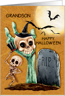 Happy Halloween to Grandson Skeletons and Bats Graveyard Scene card