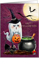 Happy Halloween Cute Ghost and Black Cat with the Moon card