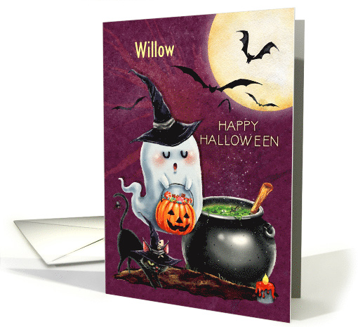 Happy Halloween Custom Name Cute Ghost and Black Cat with... (1584566)