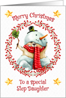 Merry Christmas to Step Daughter Cute Bear in Snowman Suit card