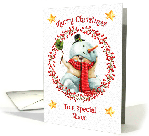Merry Christmas to Niece Cute Bear in Snowman Suit card (1588720)