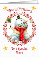 Merry Christmas to Niece Cute Bear in Snowman Suit card