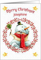 Merry Christmas Custom Name Cute Bear in Snowman Suit card
